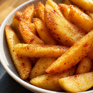 Apfel Pommes aus der Heißluftfritteuse mit Zimt und Erdbeerketchup serviert.