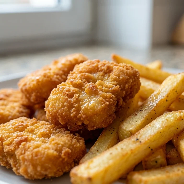 Knusprige Airfryer Pommes und saftiges Hähnchen mit goldener Kruste, perfekt zubereitet